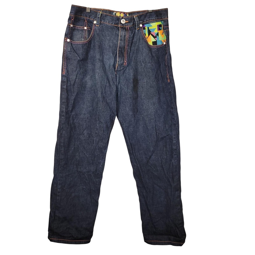 Coogi Mens Dark Wash Denim Jeans Geometric Knit Pockets Blue 33x31‎ Streetwear